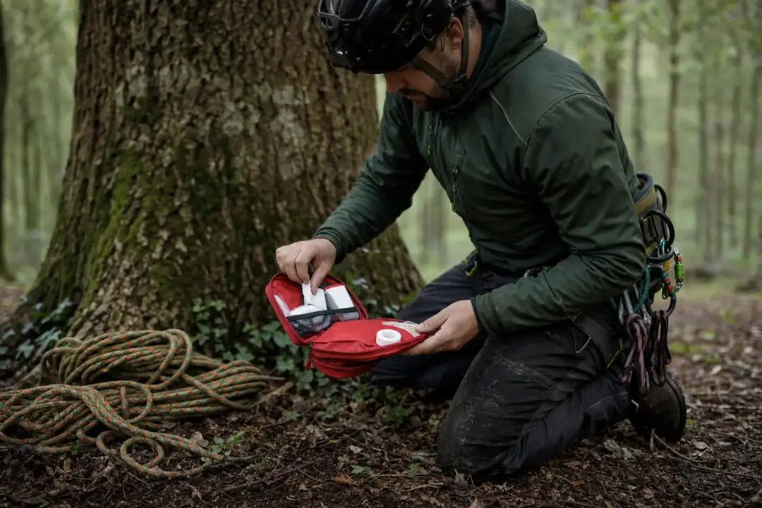 Arborist checking a compact first aid kit beside a mature tree and climbing rope