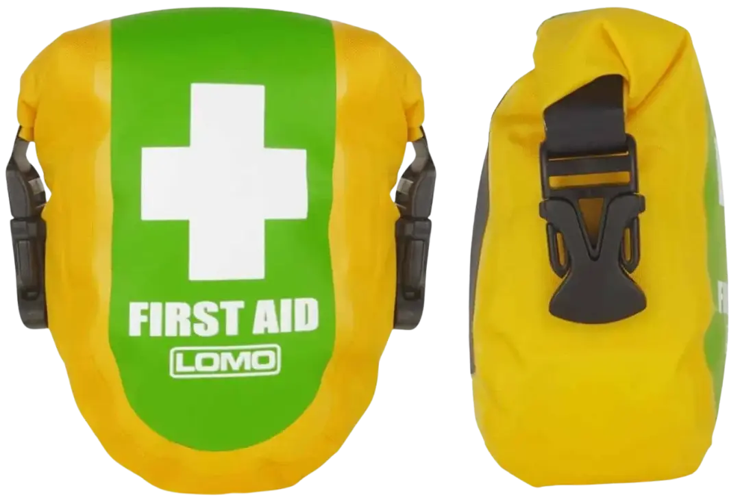 Waterproof LOMO first aid kit shown from the front and side