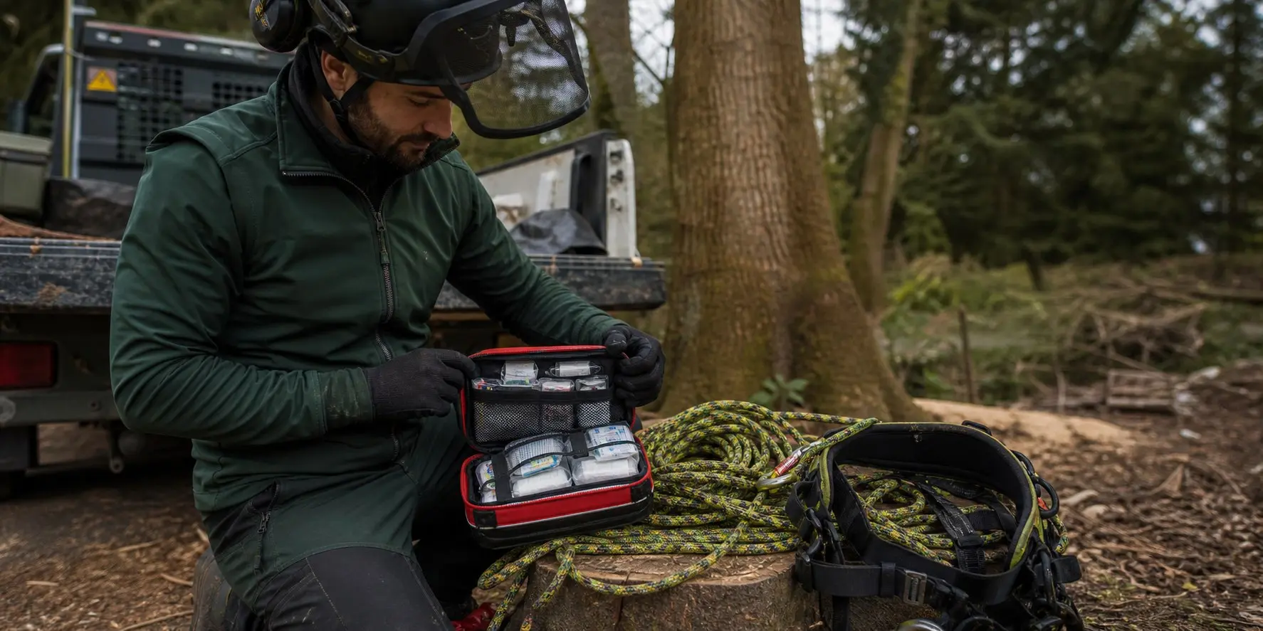 Arborist checking a first aid kit beside climbing ropes and a harness at a woodland worksite