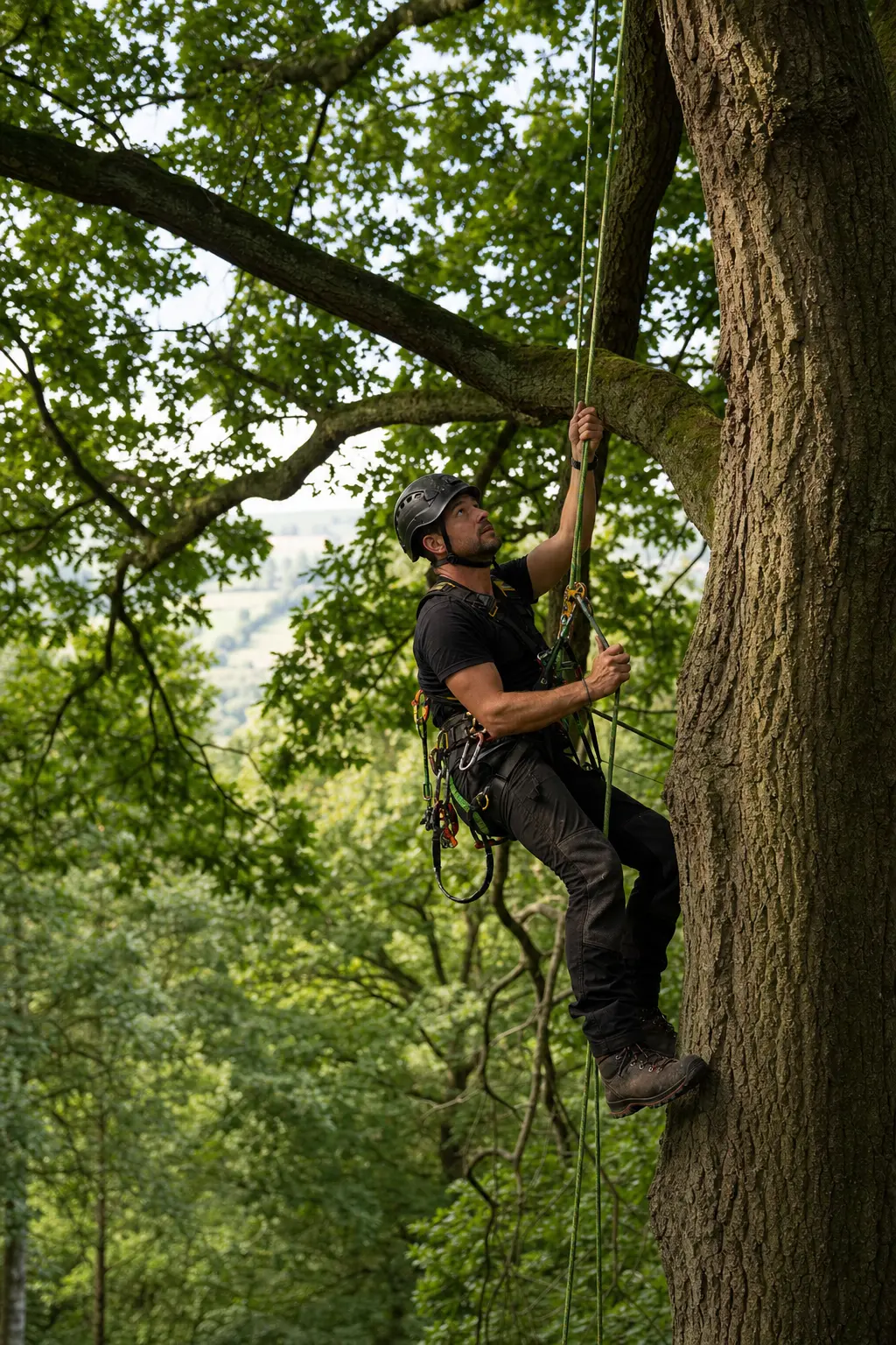 Professional arborist ascending a mature broadleaf tree using a rope system